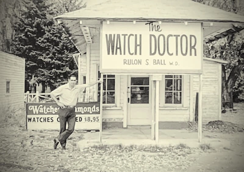 Restored photo of Rulon, the Watch Doctor, in Trenton Utah in 1977.